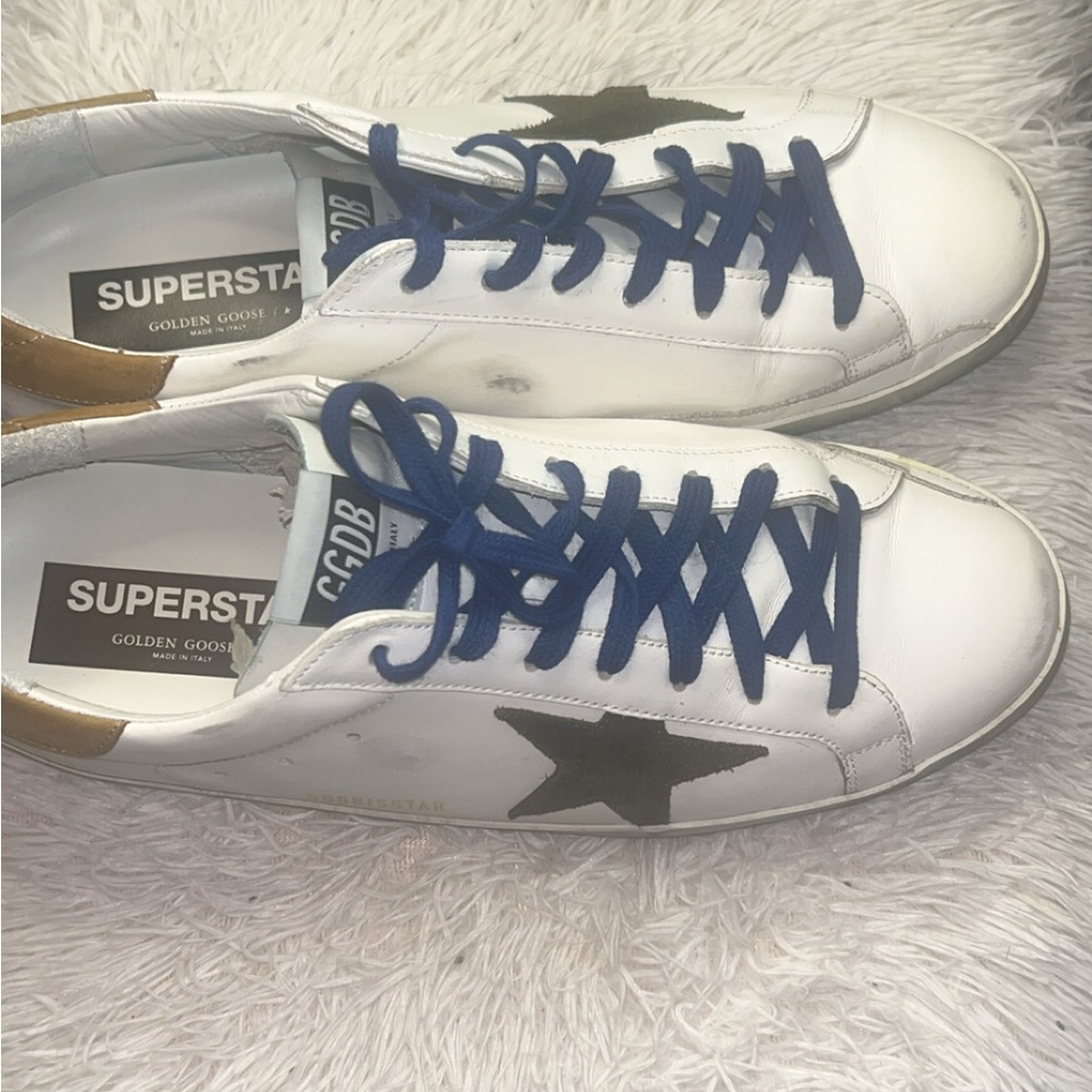 Golden Goose White Sneakers with Navy Laces and Black Star